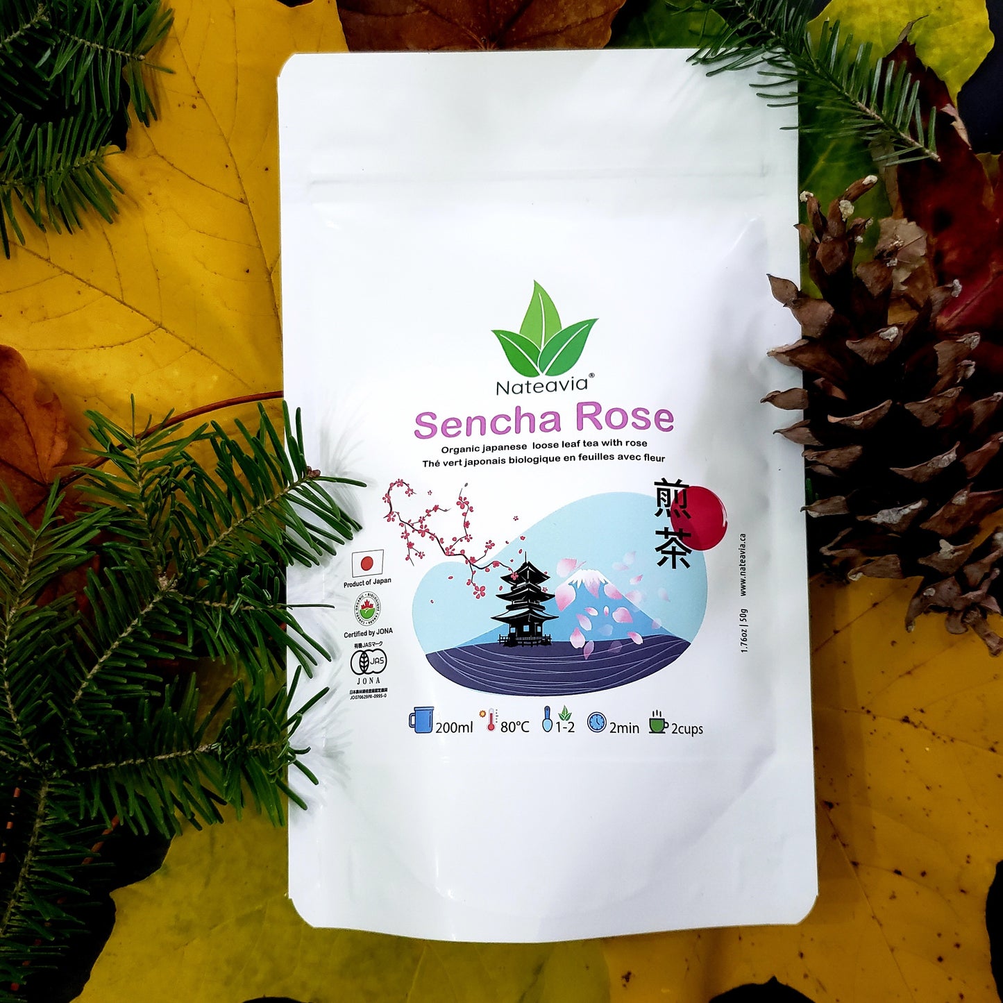 Nateavia Sencha à la rose - Thé vert japonais en feuilles bio à la rose - Première récolte - Origine japonaise authentique, de Shizuoka - 50g