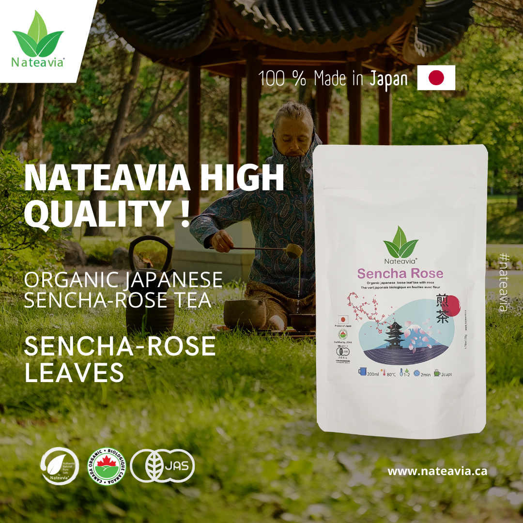 Nateavia Sencha à la rose - Thé vert japonais en feuilles bio à la rose - Première récolte - Origine japonaise authentique, de Shizuoka - 50g