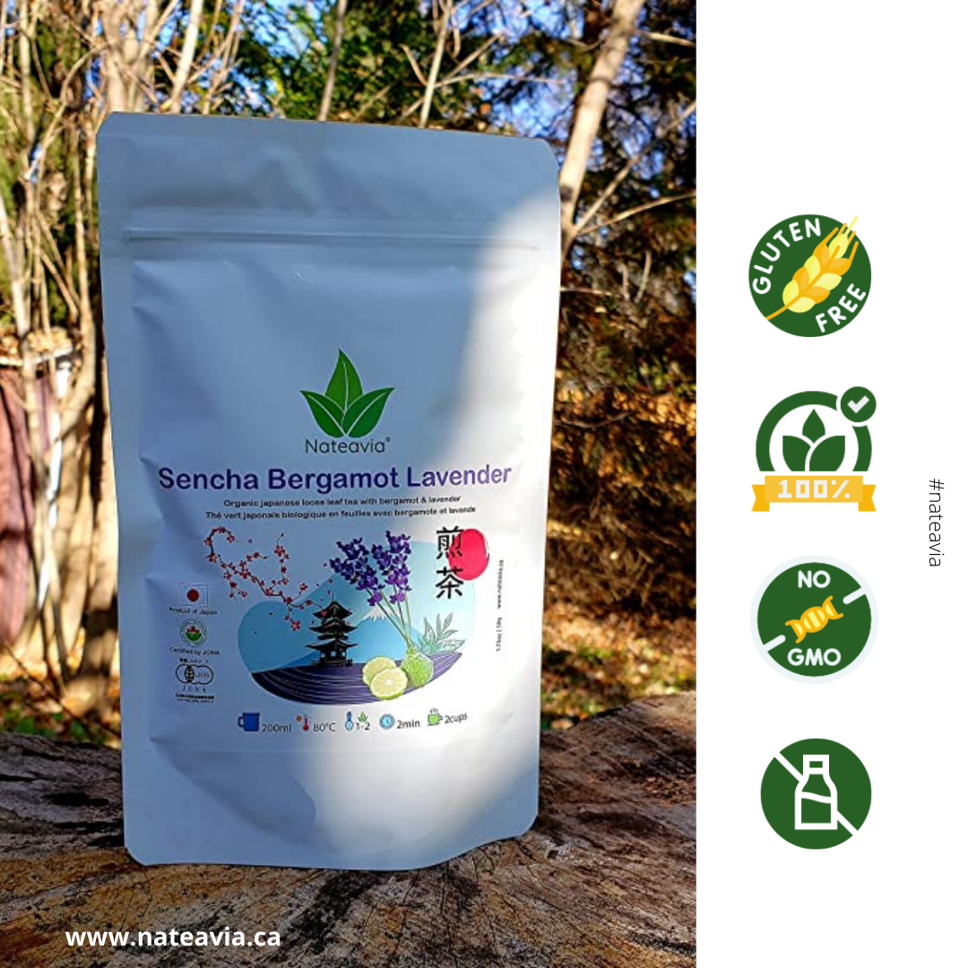 Nateavia Sencha à la bergamote - Thé vert japonais en feuilles bio à la bergamote - First Flush - Origine japonaise authentique, de Shizuoka - 50g