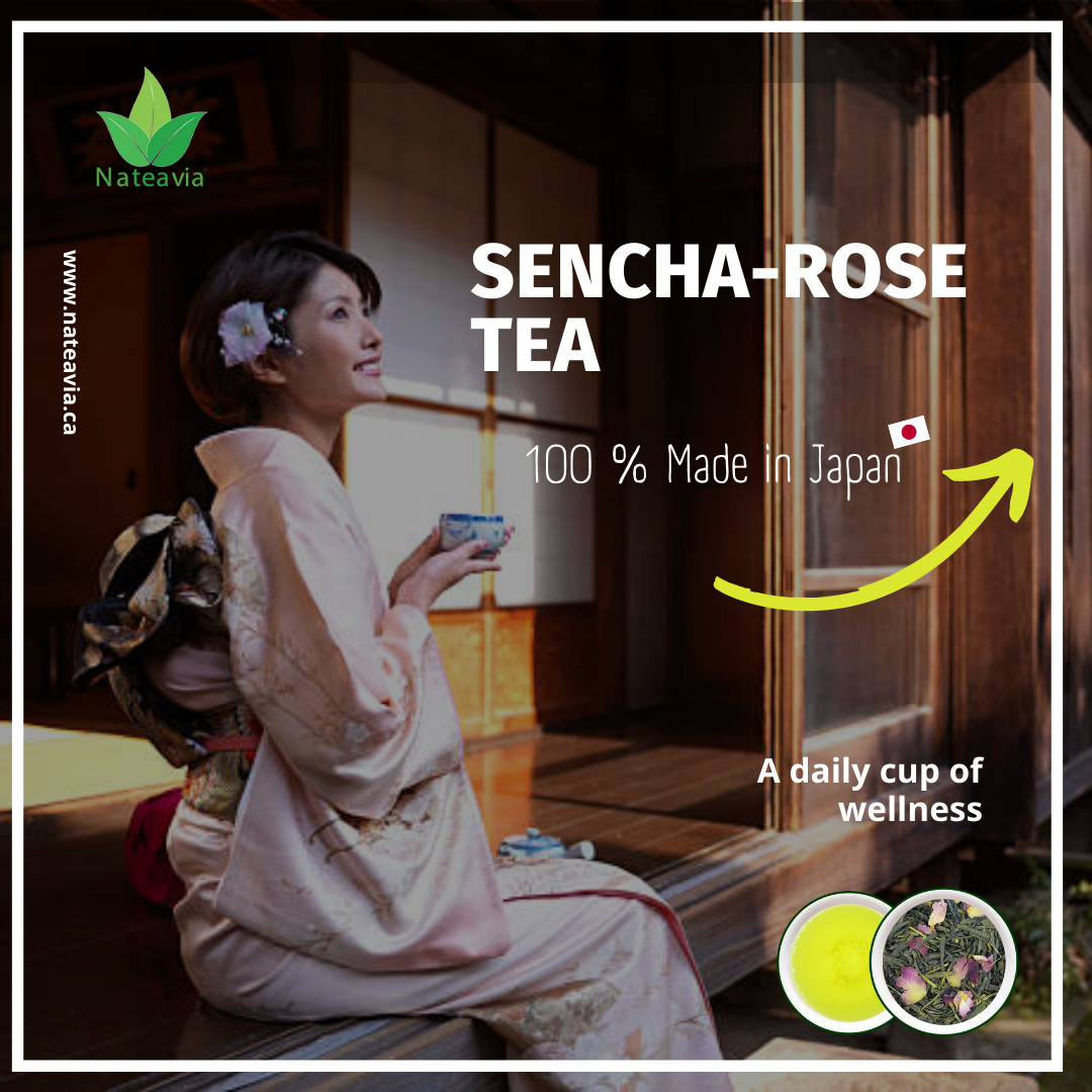 Nateavia Sencha à la rose - Thé vert japonais en feuilles bio à la rose - Première récolte - Origine japonaise authentique, de Shizuoka - 50g