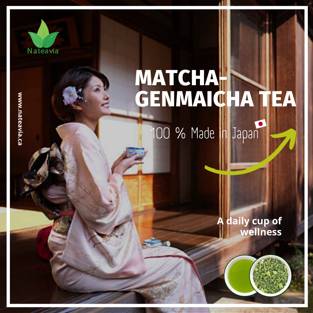 Nateavia Matcha Genmaicha - Feuilles fines de sencha japonais bio, riz brun grillé et Matcha - Goût crémeux - Origine japonaise authentique - 80g