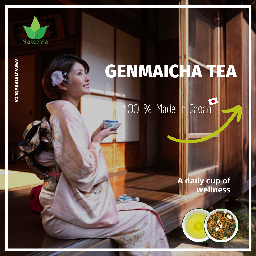 Nateavia Genmaicha - Sencha japonais biologique et riz brun grillé - Goût léger - Origine japonaise authentique - 80g
