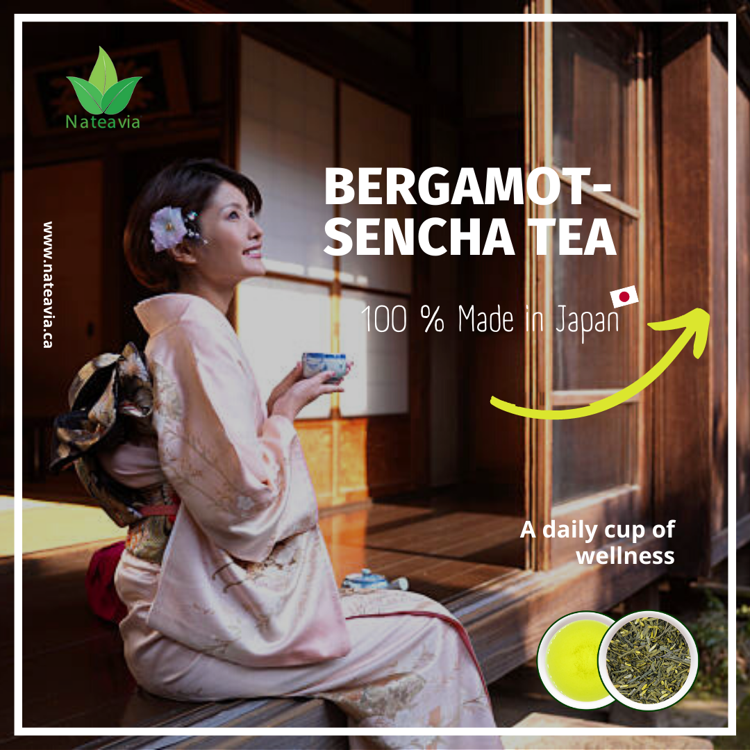 Nateavia Sencha à la bergamote - Thé vert japonais en feuilles bio à la bergamote - First Flush - Origine japonaise authentique, de Shizuoka - 50g