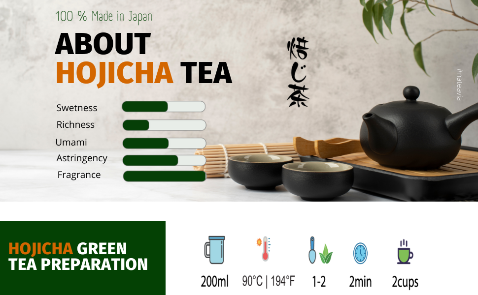 Nateavia Houjicha - Thé vert japonais torréfié doré biologique de qualité supérieure - Faible teneur en caféine - Origine japonaise authentique, de Shizuoka - 80 g