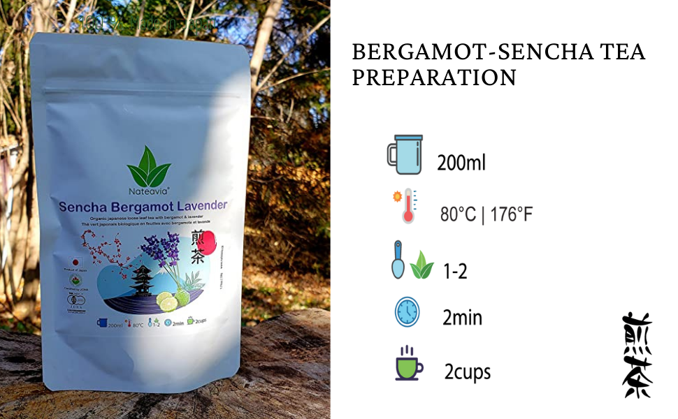 Nateavia Sencha à la bergamote - Thé vert japonais en feuilles bio à la bergamote - First Flush - Origine japonaise authentique, de Shizuoka - 50g