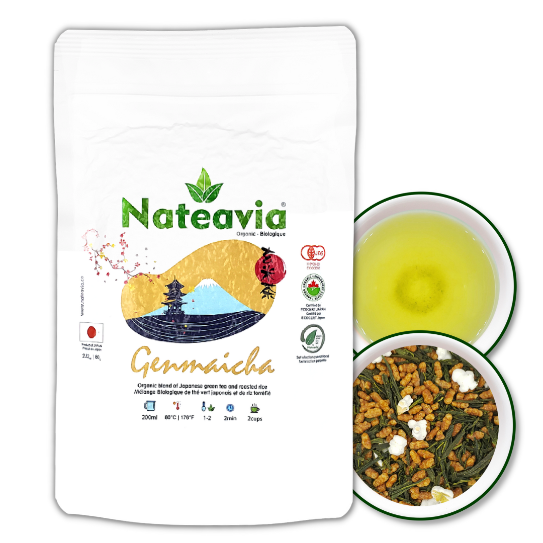 Nateavia Genmaicha - Sencha japonais biologique et riz brun grillé - Goût léger - Origine japonaise authentique - 80g