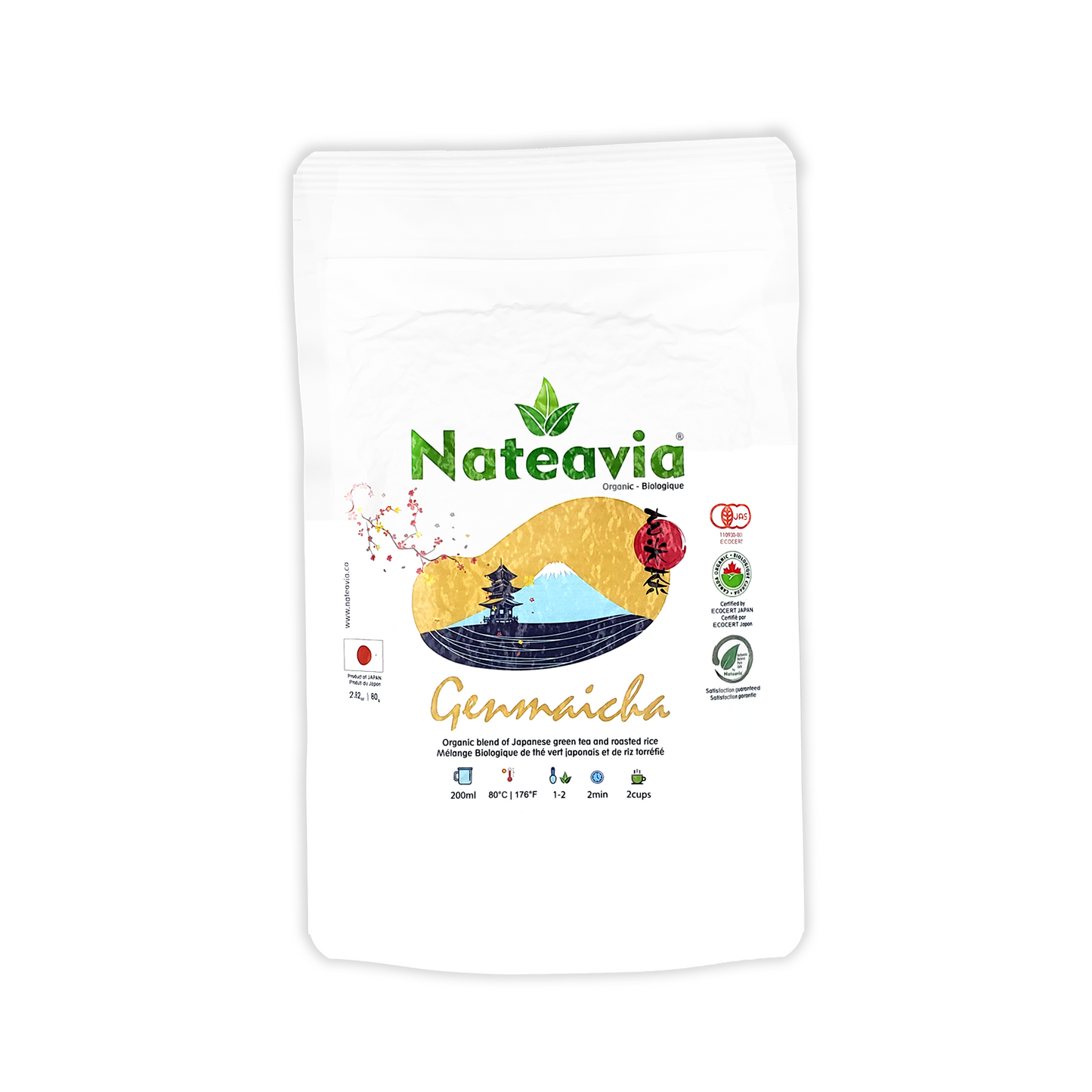 Nateavia Genmaicha - Sencha japonais biologique et riz brun grillé - Goût léger - Origine japonaise authentique - 80g