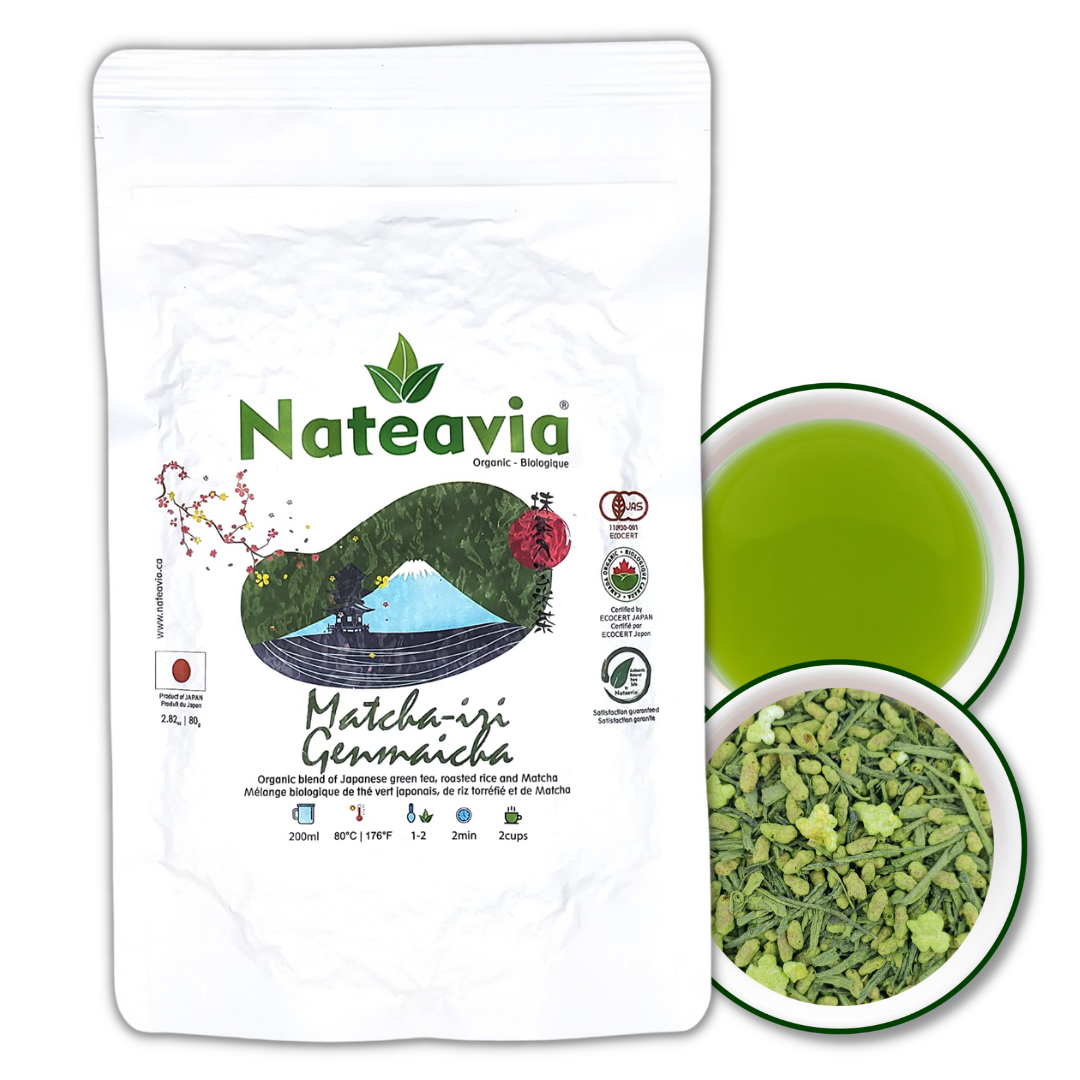 Nateavia Matcha Genmaicha - Feuilles fines de sencha japonais bio, riz brun grillé et Matcha - Goût crémeux - Origine japonaise authentique - 80g