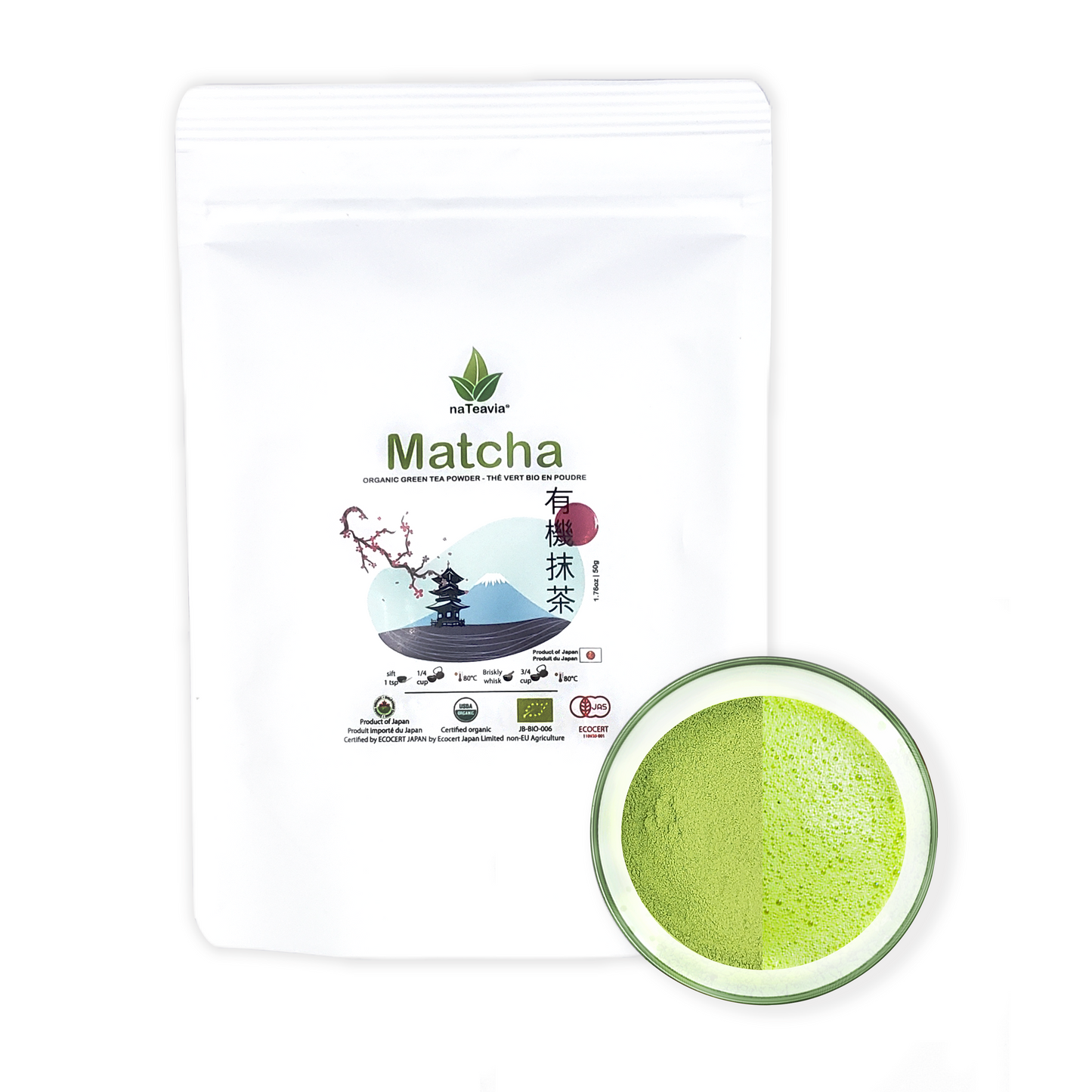 Poudre de matcha biologique japonaise – Qualité supérieure, finement moulue, onctueuse et riche en umami | Origine Uji Kyoto, 50 g – Nateavia