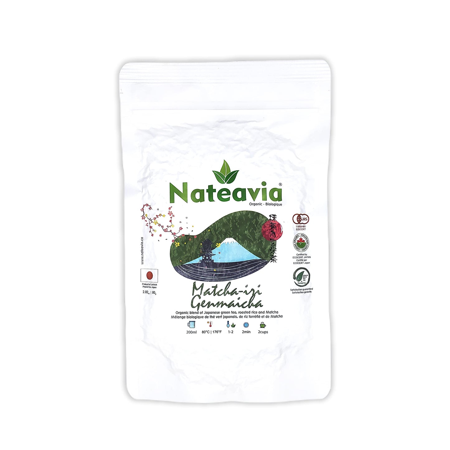 Nateavia Matcha Genmaicha - Feuilles fines de sencha japonais bio, riz brun grillé et Matcha - Goût crémeux - Origine japonaise authentique - 80g