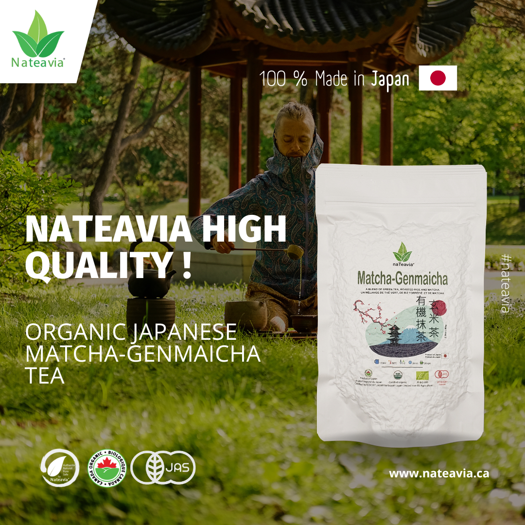 Nateavia Matcha Genmaicha - Feuilles fines de sencha japonais bio, riz brun grillé et Matcha - Goût crémeux - Origine japonaise authentique - 80g