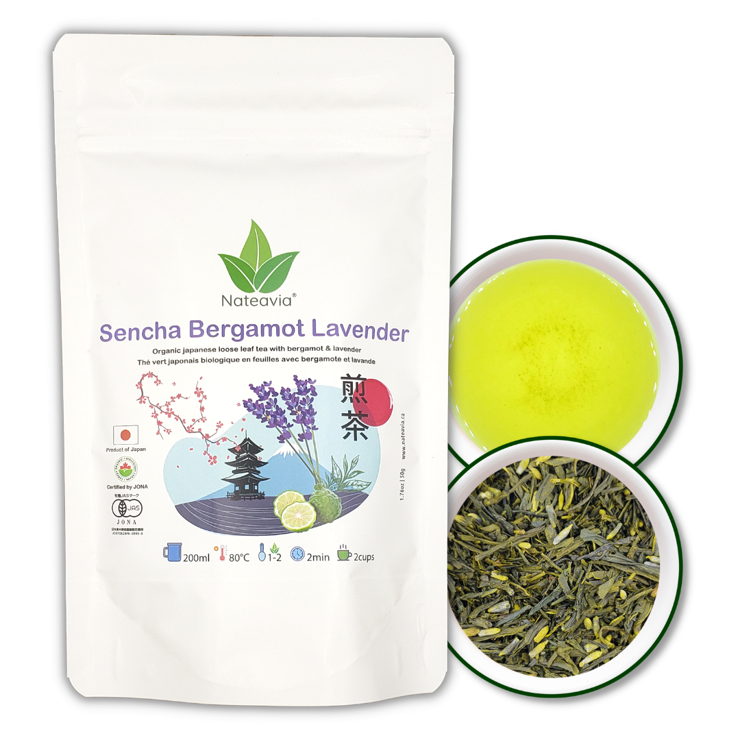 Nateavia Sencha à la bergamote - Thé vert japonais en feuilles bio à la bergamote - First Flush - Origine japonaise authentique, de Shizuoka - 50g