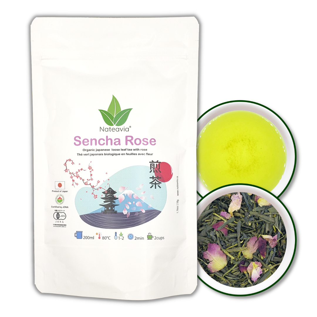 Nateavia Sencha à la rose - Thé vert japonais en feuilles bio à la rose - Première récolte - Origine japonaise authentique, de Shizuoka - 50g