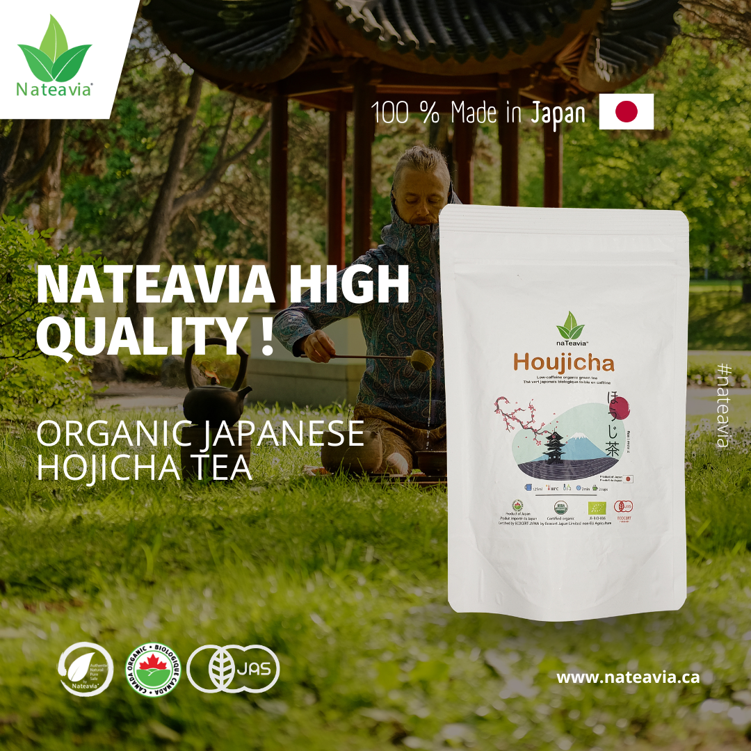 Nateavia Houjicha - Thé vert japonais torréfié doré biologique de qualité supérieure - Faible teneur en caféine - Origine japonaise authentique, de Shizuoka - 80 g