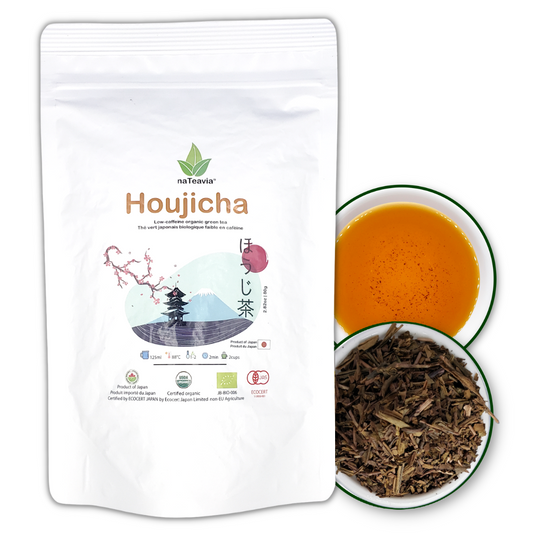 Nateavia Houjicha - Té verde tostado dorado japonés orgánico de primera calidad - Bajo contenido de cafeína - Auténtico origen japonés, de Shizuoka - 80 g