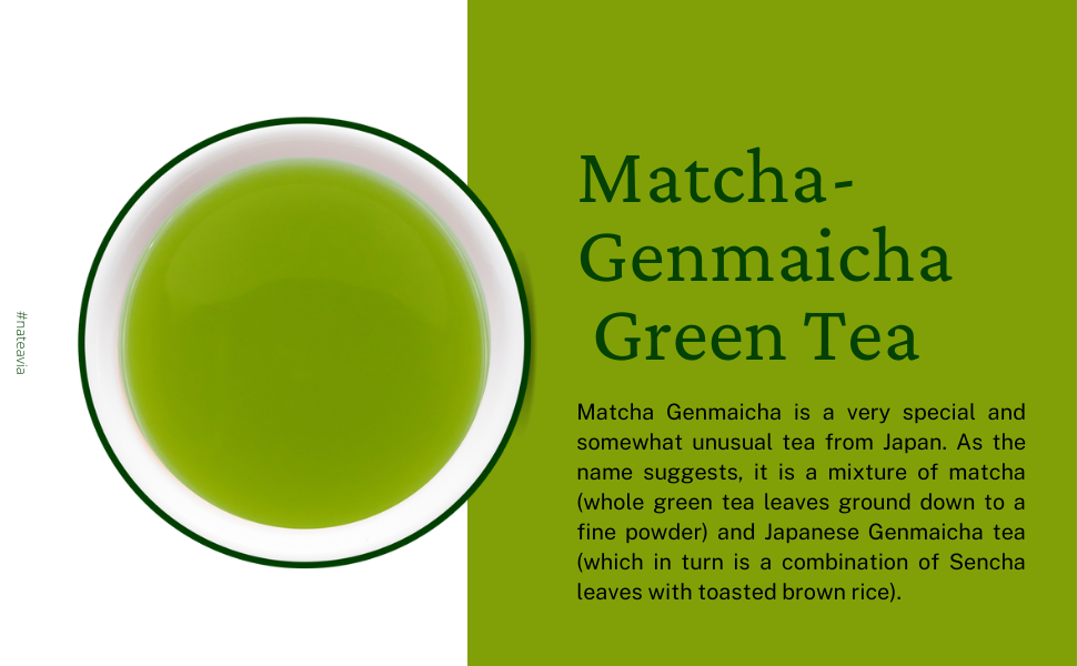 Nateavia Matcha Genmaicha - Organic Japanese fine sencha leaves, toasted brown rice and Matcha - Creamy taste - Authentic Japanese Origin - 80g