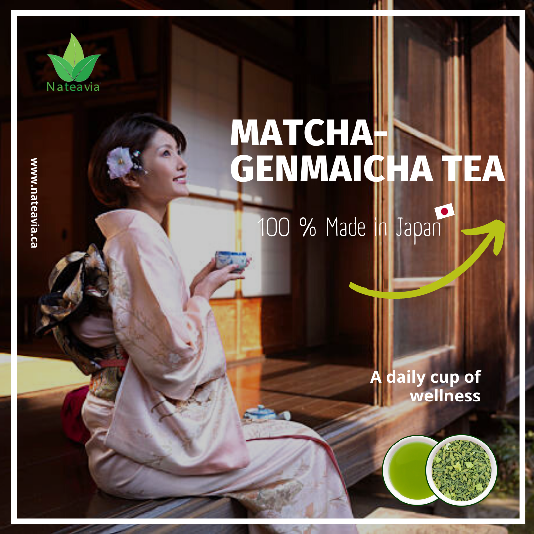 Nateavia Matcha Genmaicha - Organic Japanese fine sencha leaves, toasted brown rice and Matcha - Creamy taste - Authentic Japanese Origin - 80g