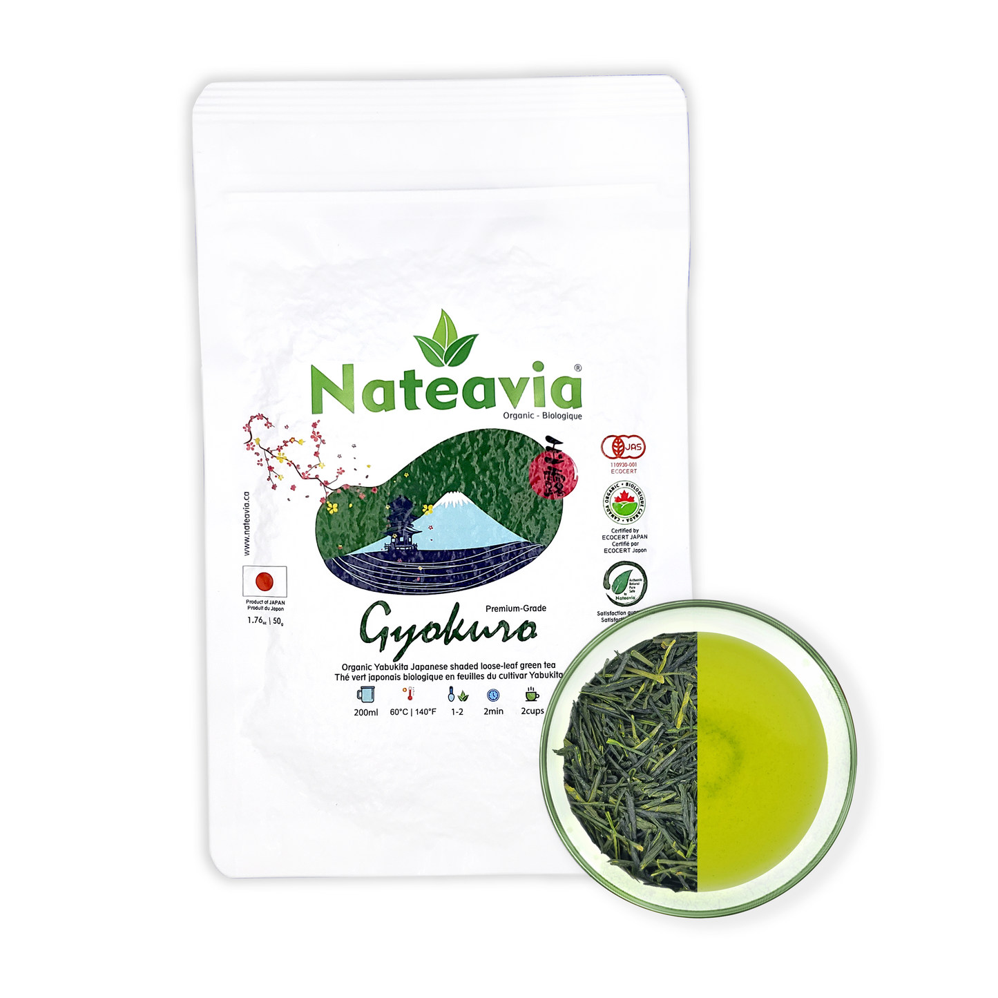 Nateavia Gyokuro Yabukita - Premium Organic Japanese Loose Leaf Green Tea - Smooth, Mild - Authentic Japanese Origin, from Shizuoka  - 50g