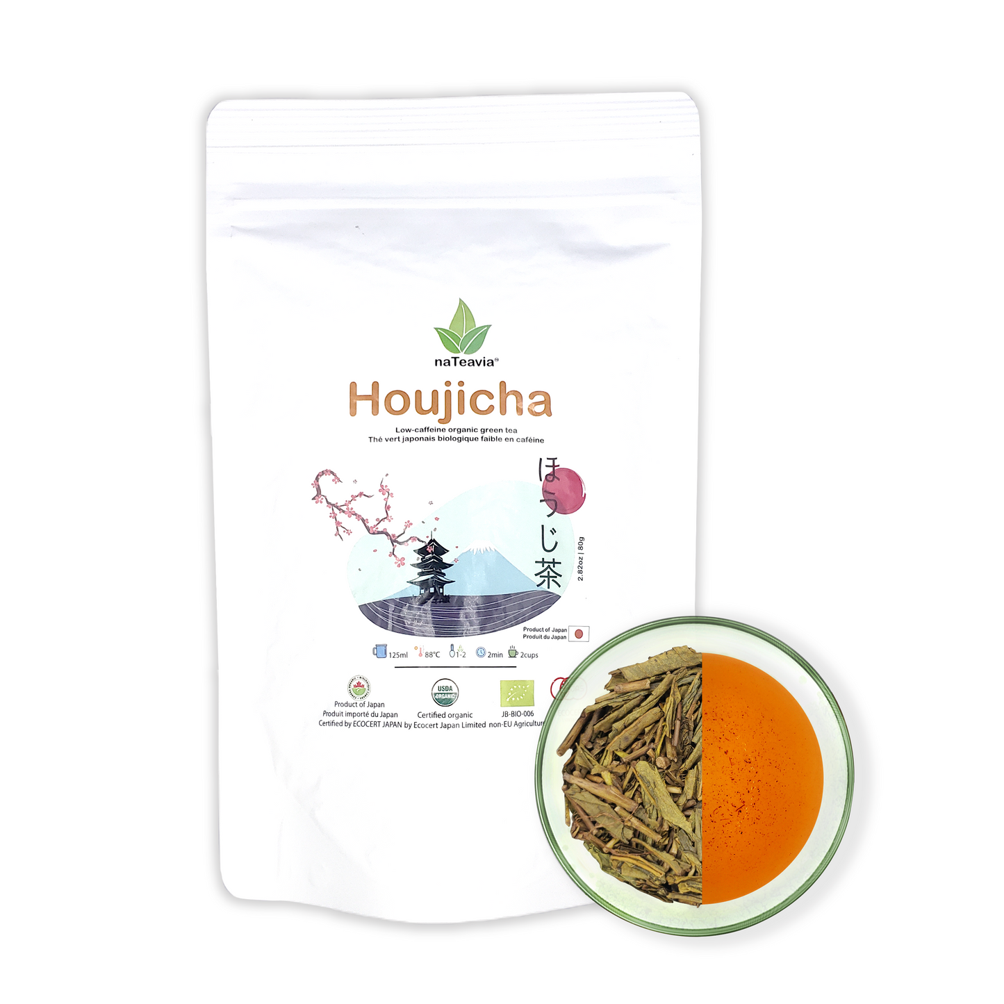 Nateavia Houjicha - Premium Organic Japanese Gold Roast Green Tea - Low-Caffeine - Authentic Japanese Origin, from Shizuoka - 80g