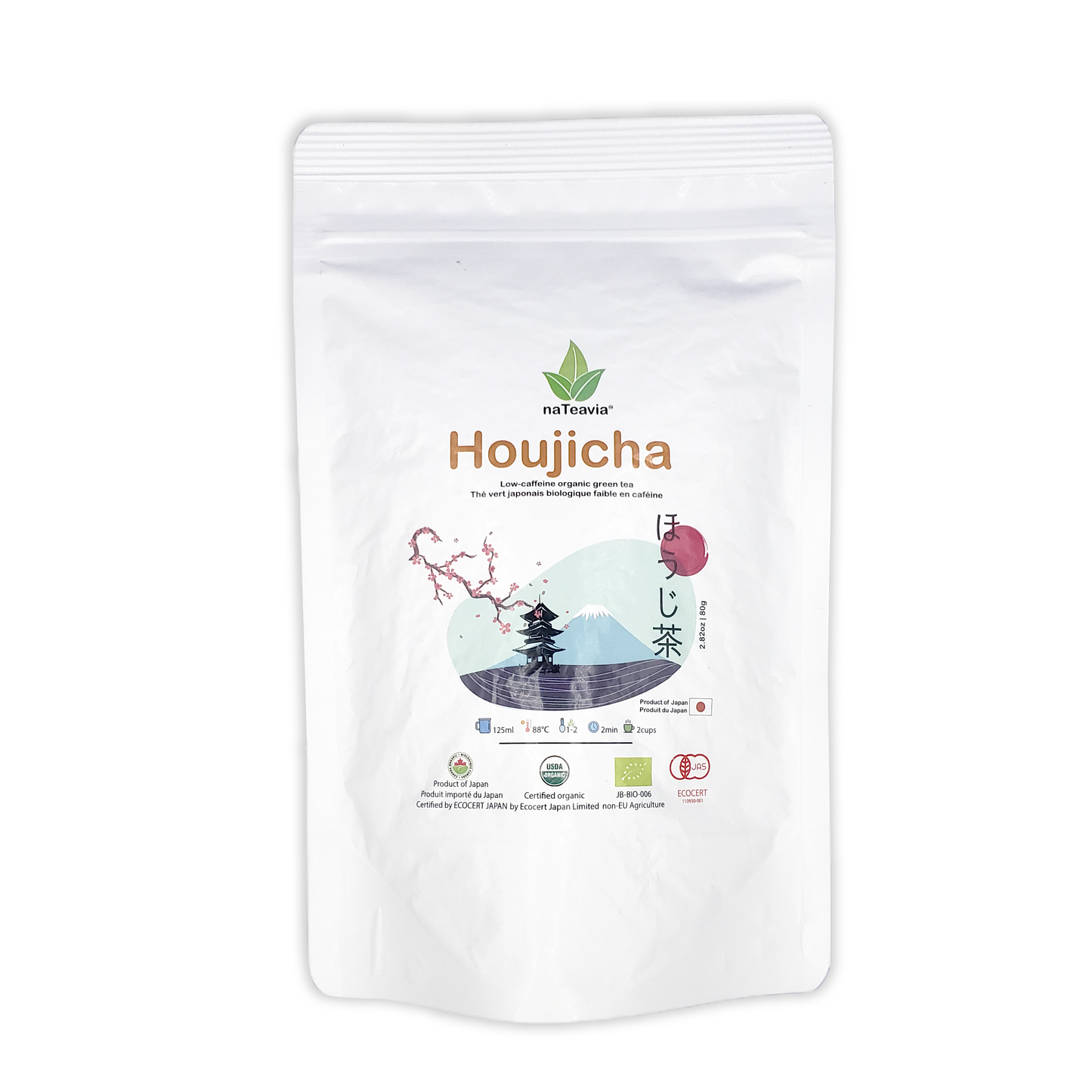 Nateavia Houjicha - Premium Organic Japanese Gold Roast Green Tea - Low-Caffeine - Authentic Japanese Origin, from Shizuoka - 80g