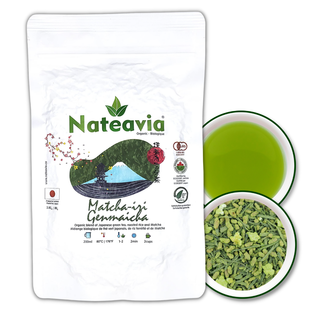 Nateavia Matcha Genmaicha - Organic Japanese fine sencha leaves, toasted brown rice and Matcha - Creamy taste - Authentic Japanese Origin - 80g