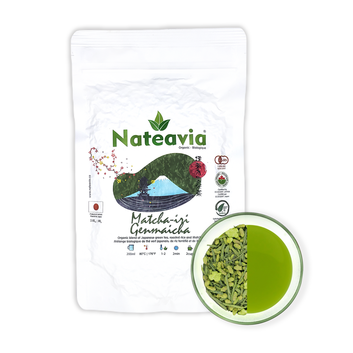 Nateavia Matcha Genmaicha - Organic Japanese fine sencha leaves, toasted brown rice and Matcha - Creamy taste - Authentic Japanese Origin - 80g