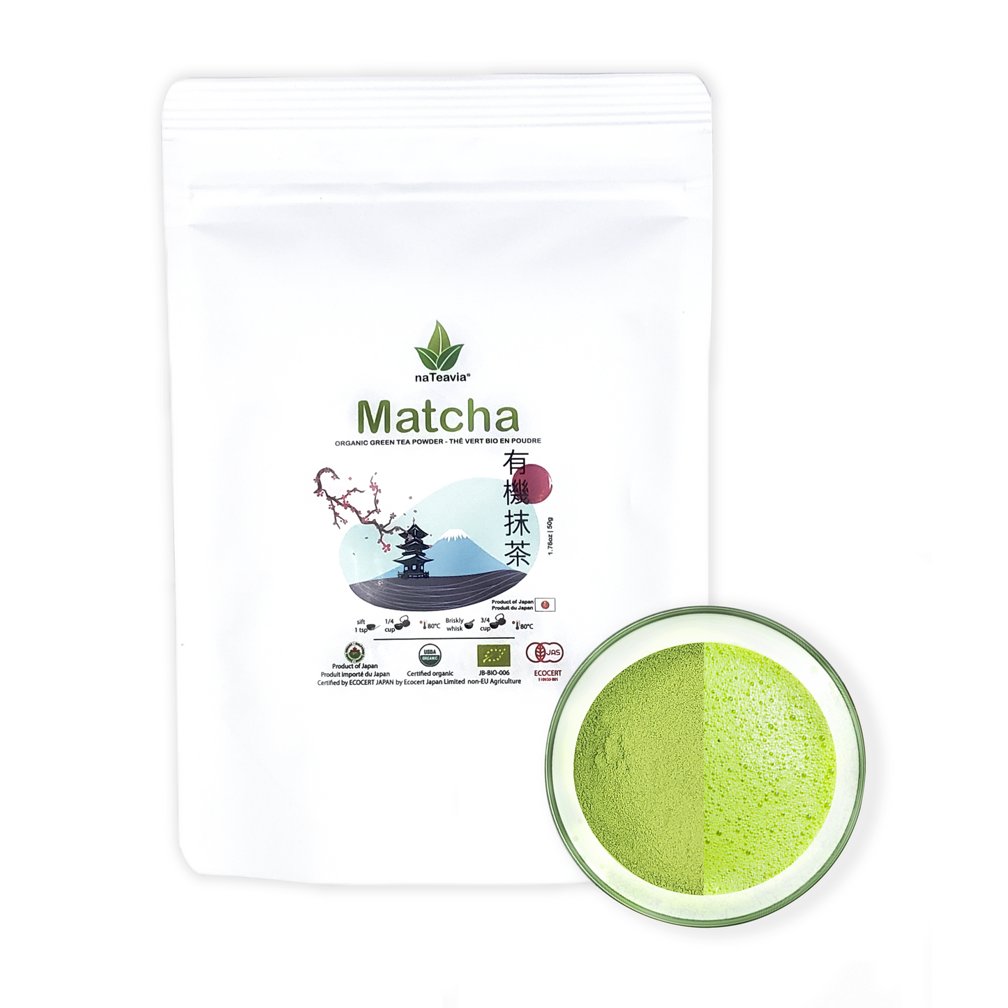 Nateavia Matcha - Premium Grade Japanese Green Tea Matcha Powder - 100% Pure Organic Unsweetened - Authentic Japanese Origin, from Uji-Kyoto- 50g