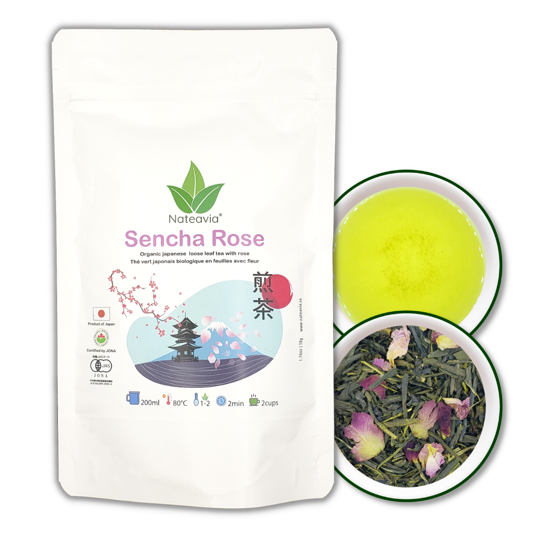 Nateavia Sencha with Rose - Organic Japanese Loose Leaf Green Tea with Rose - First Flush - Authentic Japanese Origin, from Shizuoka - 50g